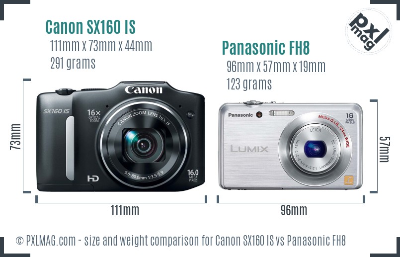 Canon SX160 IS vs Panasonic FH8 size comparison