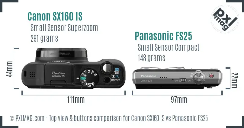 Canon SX160 IS vs Panasonic FS25 top view buttons comparison