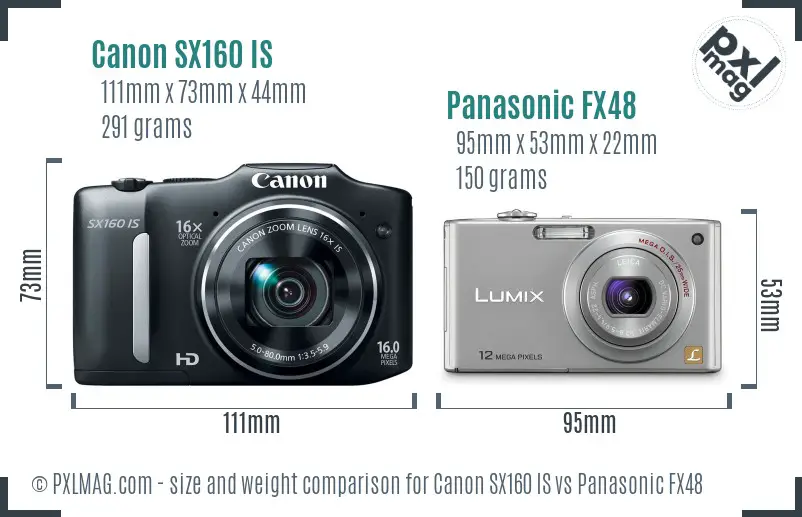 Canon SX160 IS vs Panasonic FX48 size comparison