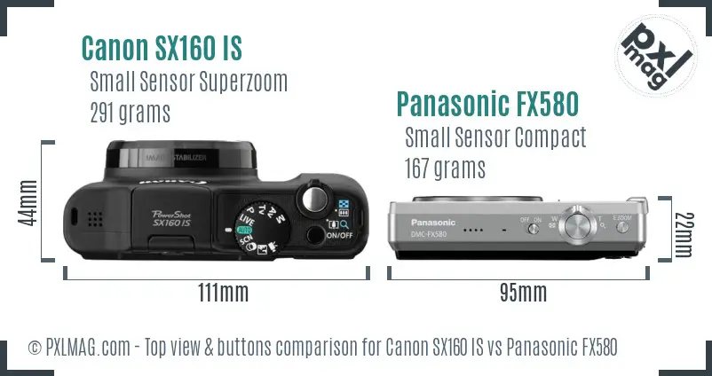 Canon SX160 IS vs Panasonic FX580 top view buttons comparison Canon SX160 IS vs Panasonic FX580 top view buttons comparison