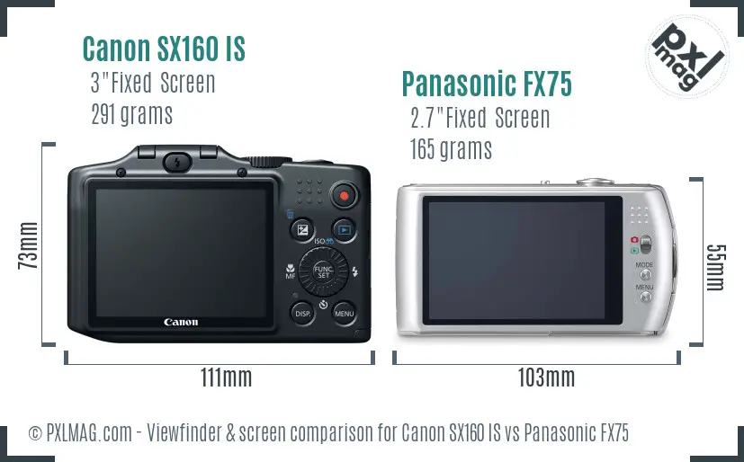 Canon SX160 IS vs Panasonic FX75 Screen and Viewfinder comparison