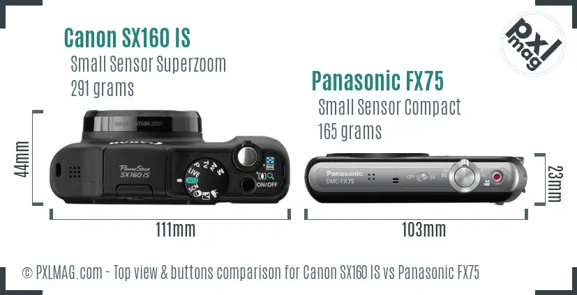 Canon SX160 IS vs Panasonic FX75 top view buttons comparison