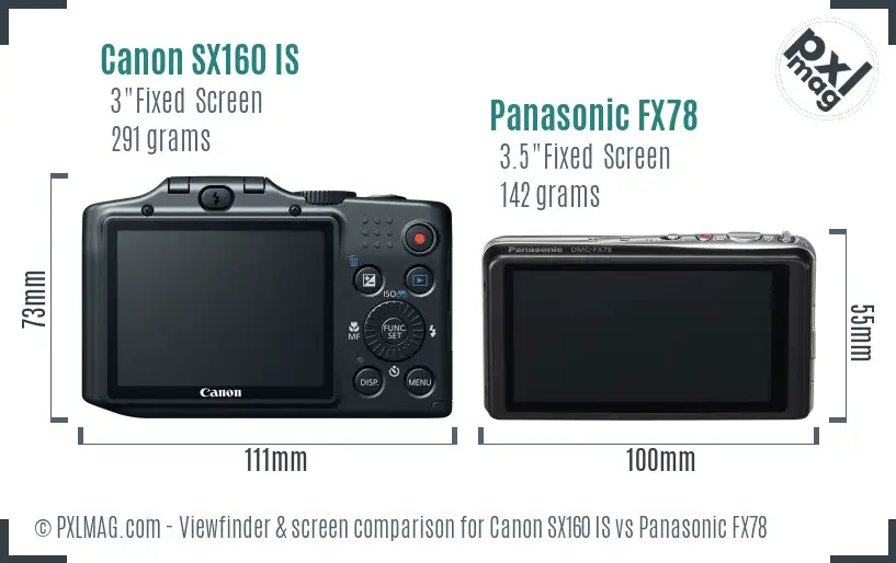 Canon SX160 IS vs Panasonic FX78 Screen and Viewfinder comparison