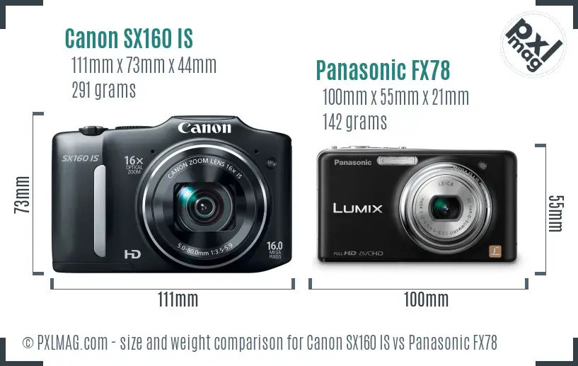 Canon SX160 IS vs Panasonic FX78 size comparison