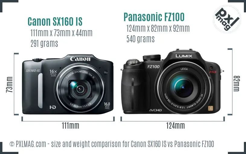 Canon SX160 IS vs Panasonic FZ100 size comparison