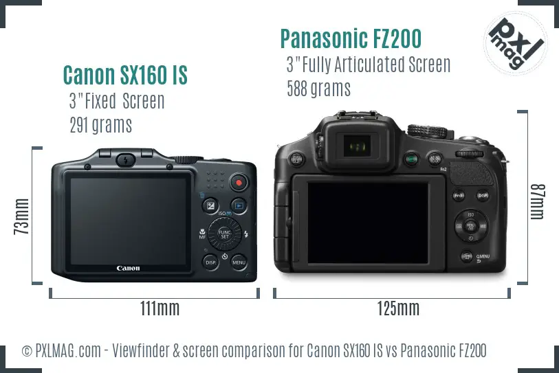 Canon SX160 IS vs Panasonic FZ200 Screen and Viewfinder comparison