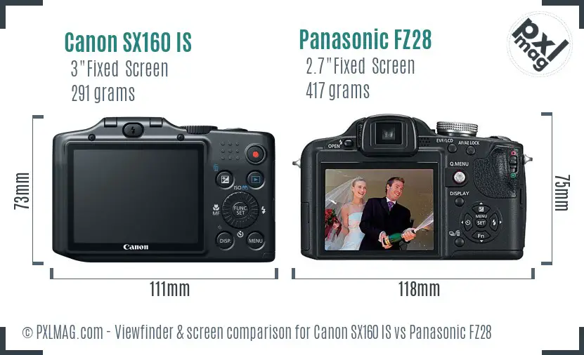 Canon SX160 IS vs Panasonic FZ28 Screen and Viewfinder comparison