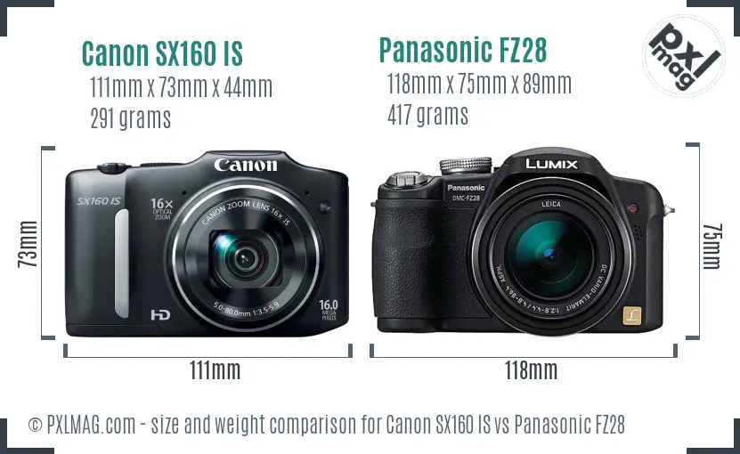 Canon SX160 IS vs Panasonic FZ28 size comparison