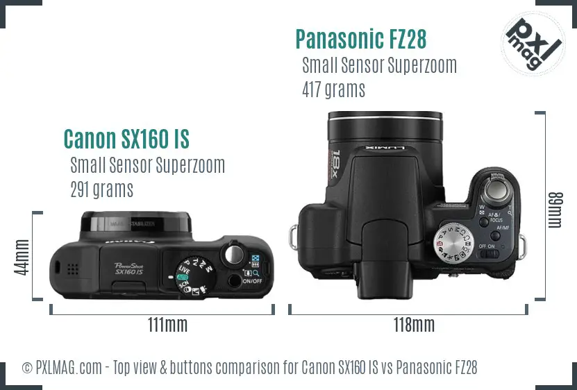 Canon SX160 IS vs Panasonic FZ28 top view buttons comparison