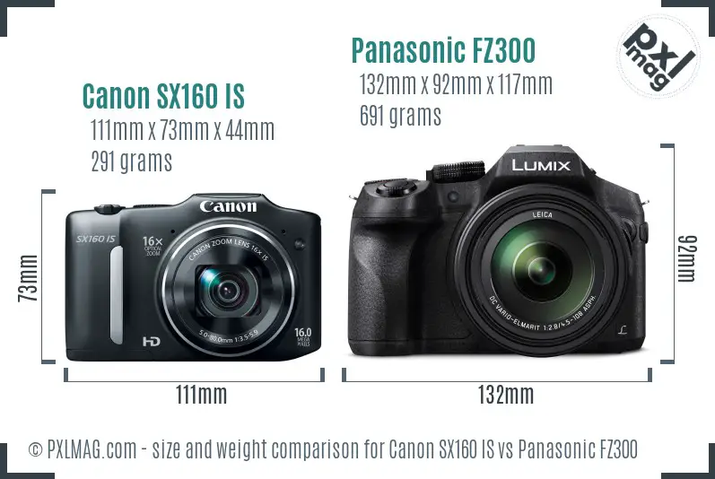 Canon SX160 IS vs Panasonic FZ300 size comparison