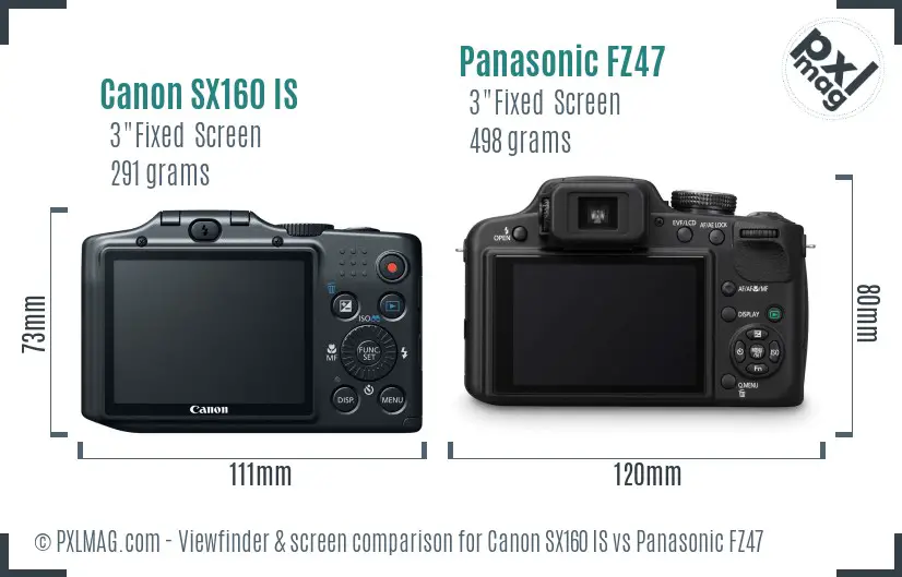 Canon SX160 IS vs Panasonic FZ47 Screen and Viewfinder comparison