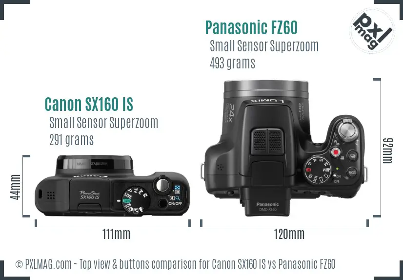 Canon SX160 IS vs Panasonic FZ60 top view buttons comparison Canon SX160 IS vs Panasonic FZ60 top view buttons comparison