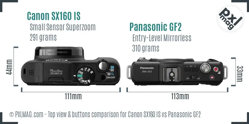 Canon SX160 IS vs Panasonic GF2 top view buttons comparison