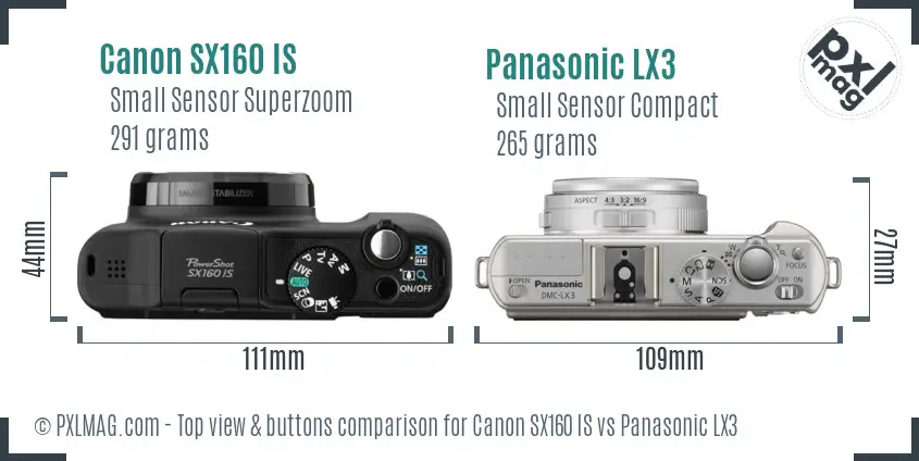 Canon SX160 IS vs Panasonic LX3 top view buttons comparison