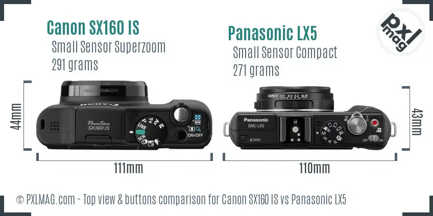 Canon SX160 IS vs Panasonic LX5 top view buttons comparison