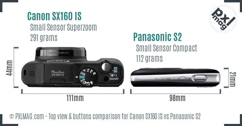 Canon SX160 IS vs Panasonic S2 top view buttons comparison Canon SX160 IS vs Panasonic S2 top view buttons comparison