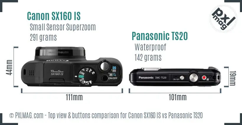 Canon SX160 IS vs Panasonic TS20 top view buttons comparison