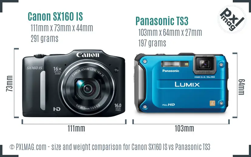 Canon SX160 IS vs Panasonic TS3 size comparison