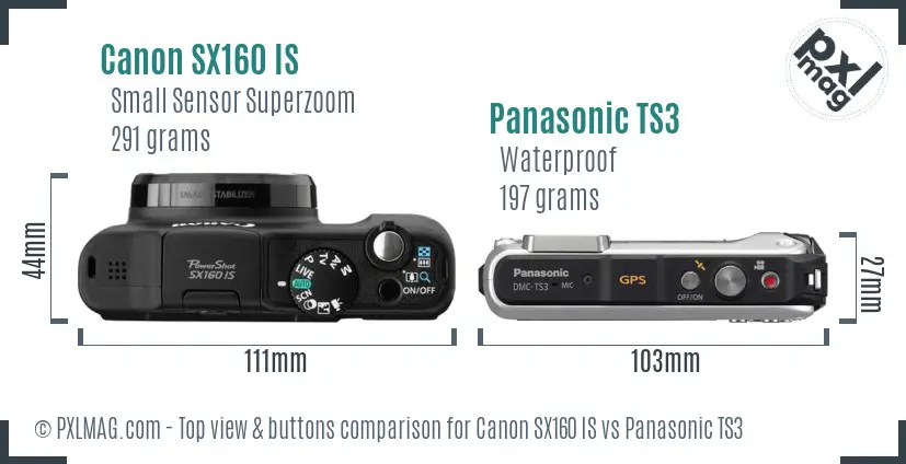 Canon SX160 IS vs Panasonic TS3 top view buttons comparison