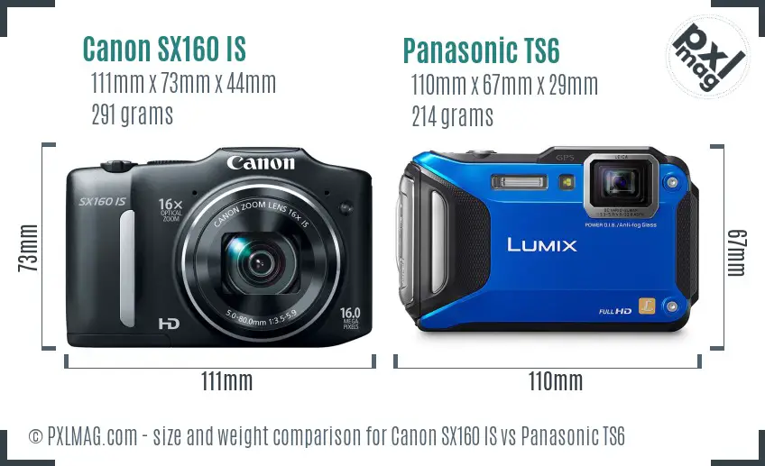 Canon SX160 IS vs Panasonic TS6 size comparison