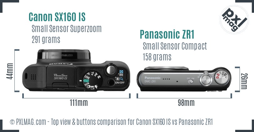 Canon SX160 IS vs Panasonic ZR1 top view buttons comparison
