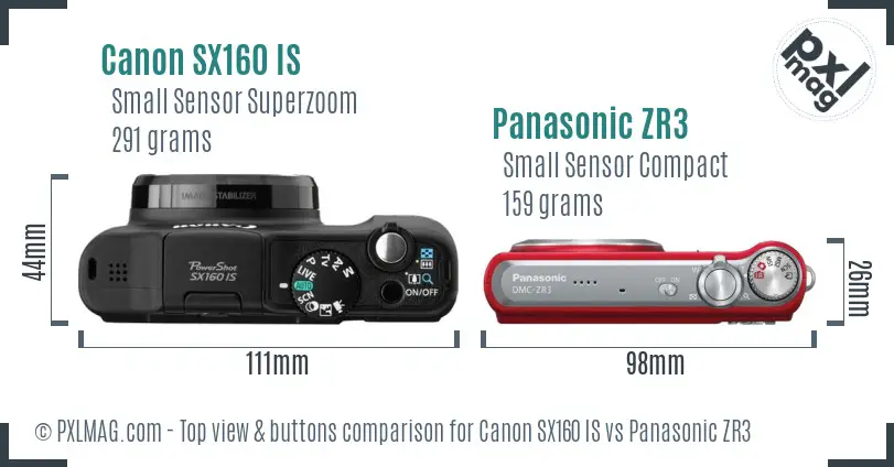 Canon SX160 IS vs Panasonic ZR3 top view buttons comparison