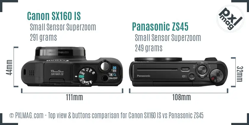 Canon SX160 IS vs Panasonic ZS45 top view buttons comparison Canon SX160 IS vs Panasonic ZS45 top view buttons comparison