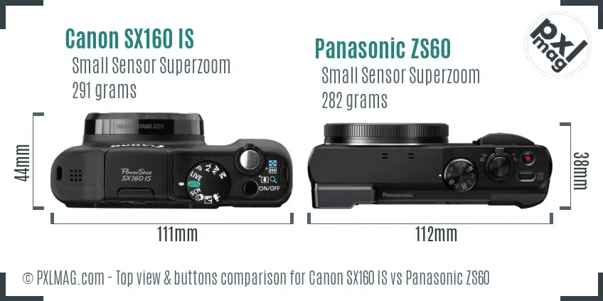 Canon SX160 IS vs Panasonic ZS60 top view buttons comparison