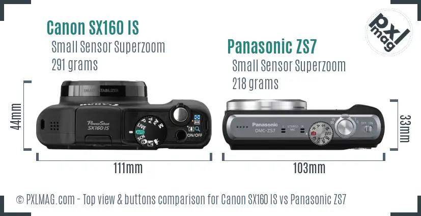 Canon SX160 IS vs Panasonic ZS7 top view buttons comparison