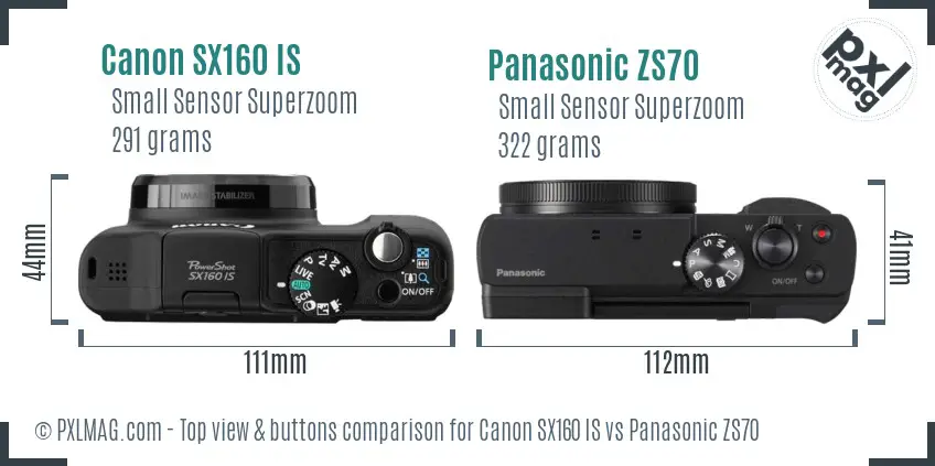 Canon SX160 IS vs Panasonic ZS70 top view buttons comparison