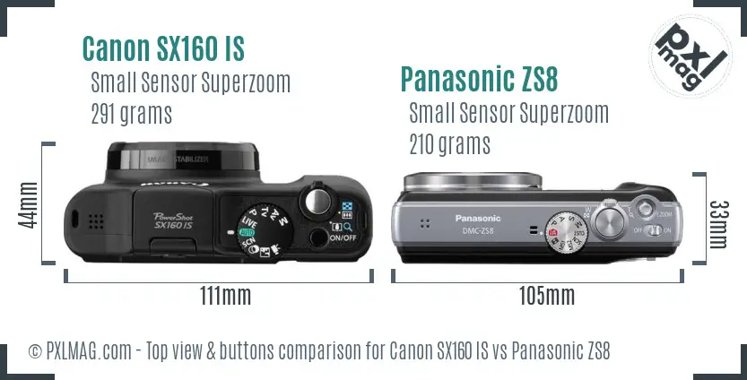 Canon SX160 IS vs Panasonic ZS8 top view buttons comparison