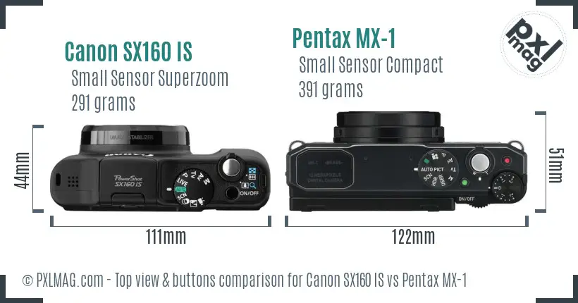 Canon SX160 IS vs Pentax MX-1 top view buttons comparison