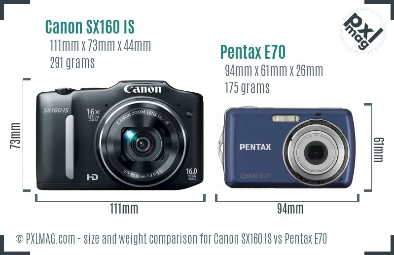 Canon SX160 IS vs Pentax E70 size comparison