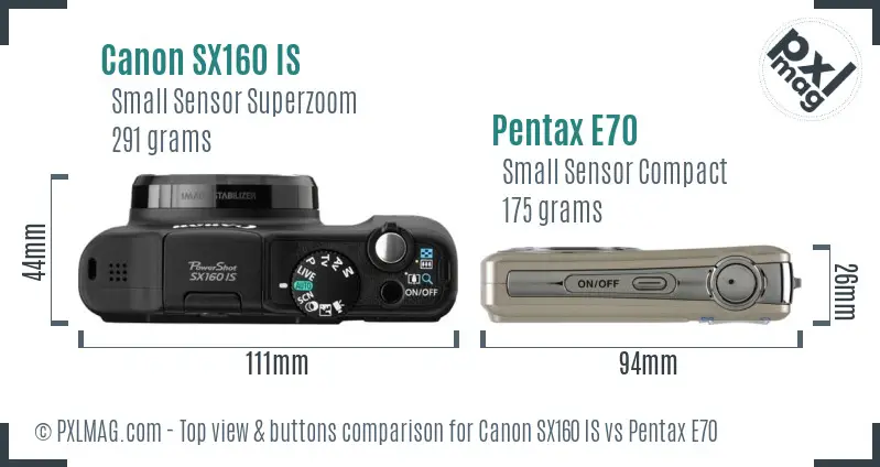 Canon SX160 IS vs Pentax E70 top view buttons comparison