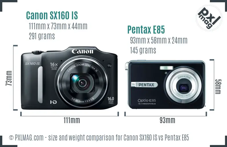 Canon SX160 IS vs Pentax E85 size comparison