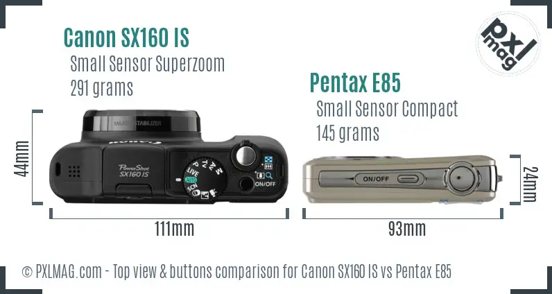 Canon SX160 IS vs Pentax E85 top view buttons comparison