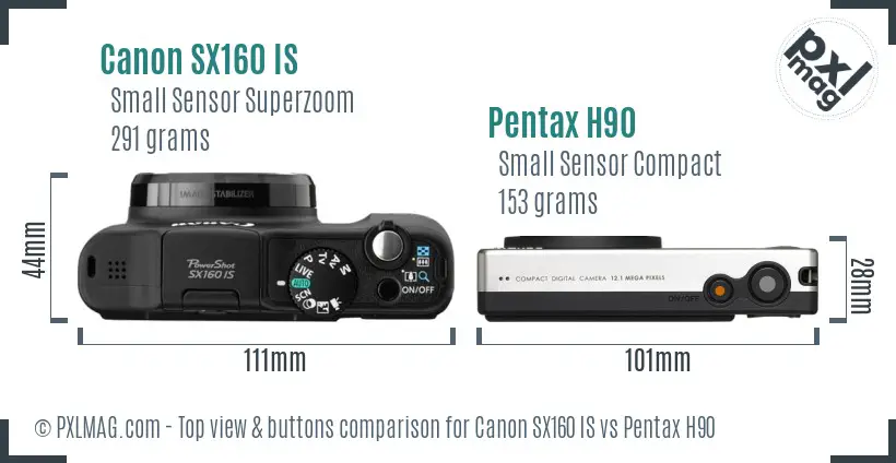 Canon SX160 IS vs Pentax H90 top view buttons comparison