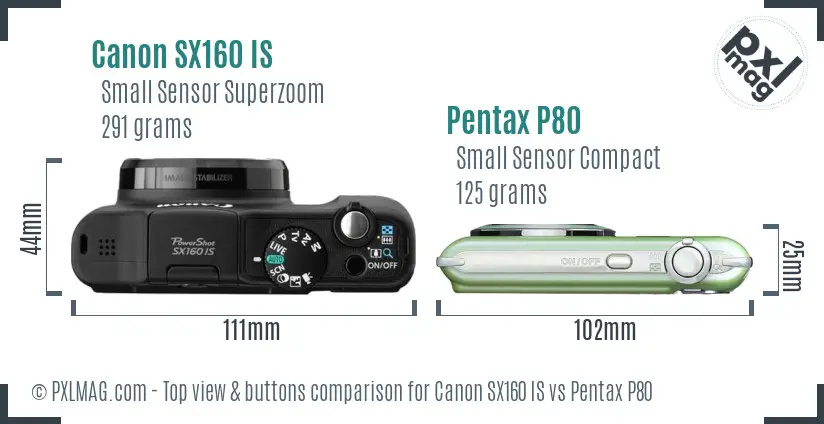 Canon SX160 IS vs Pentax P80 top view buttons comparison Canon SX160 IS vs Pentax P80 top view buttons comparison