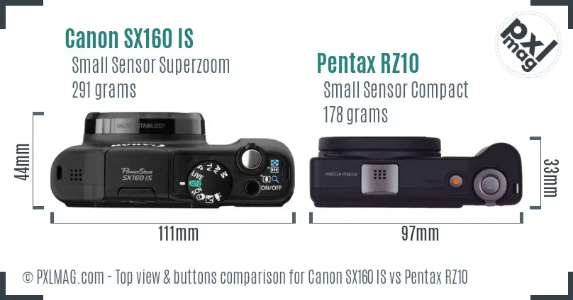 Canon SX160 IS vs Pentax RZ10 top view buttons comparison