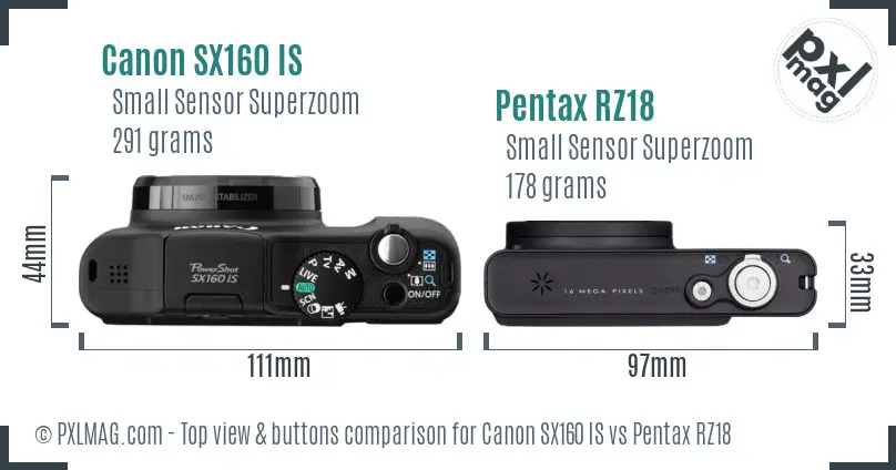 Canon SX160 IS vs Pentax RZ18 top view buttons comparison Canon SX160 IS vs Pentax RZ18 top view buttons comparison