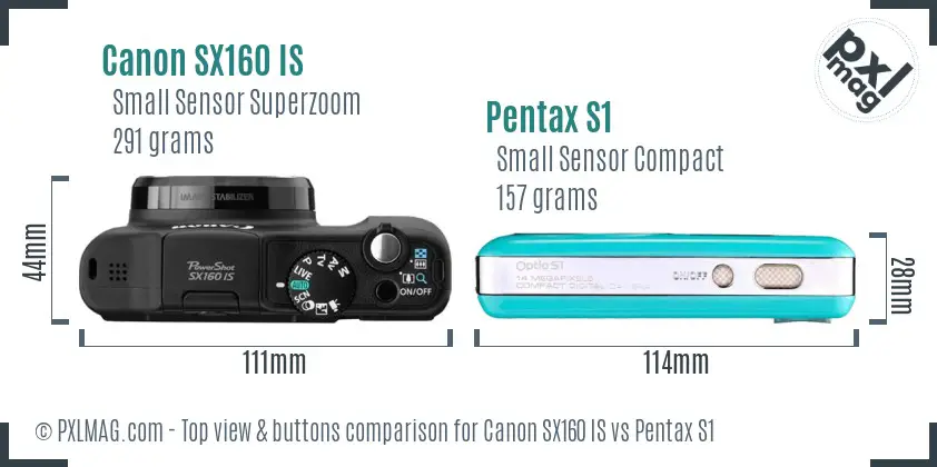 Canon SX160 IS vs Pentax S1 top view buttons comparison Canon SX160 IS vs Pentax S1 top view buttons comparison
