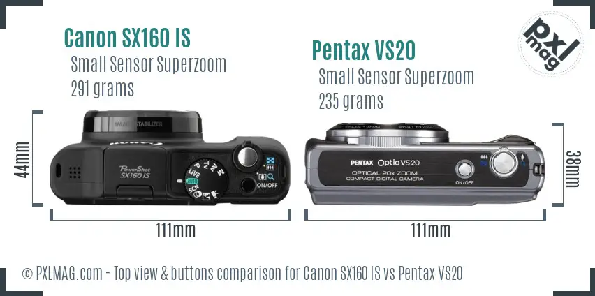Canon SX160 IS vs Pentax VS20 top view buttons comparison Canon SX160 IS vs Pentax VS20 top view buttons comparison