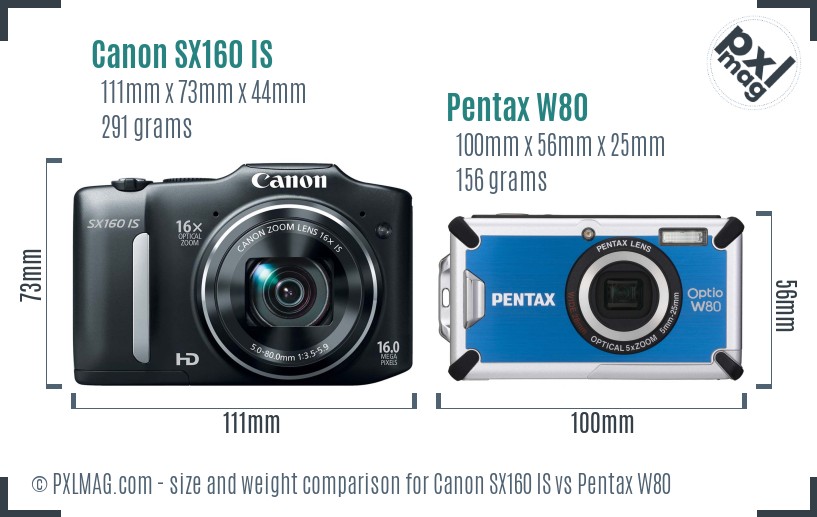 Canon SX160 IS vs Pentax W80 size comparison