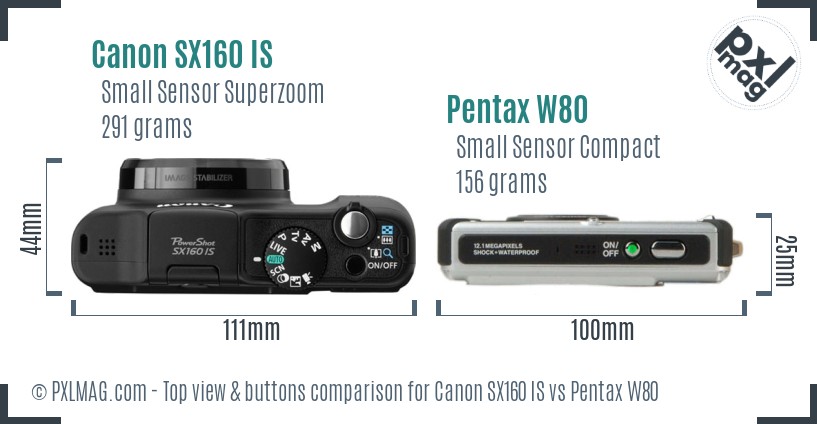 Canon SX160 IS vs Pentax W80 top view buttons comparison