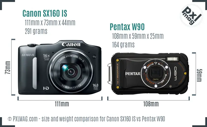 Canon SX160 IS vs Pentax W90 size comparison
