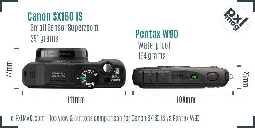Canon SX160 IS vs Pentax W90 top view buttons comparison