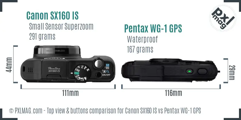 Canon SX160 IS vs Pentax WG-1 GPS top view buttons comparison