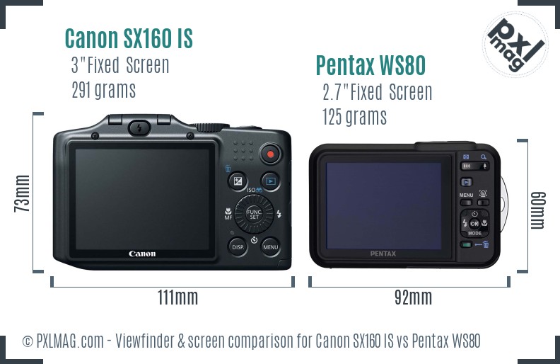 Canon SX160 IS vs Pentax WS80 Screen and Viewfinder comparison