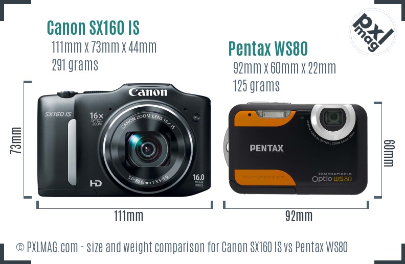 Canon SX160 IS vs Pentax WS80 size comparison