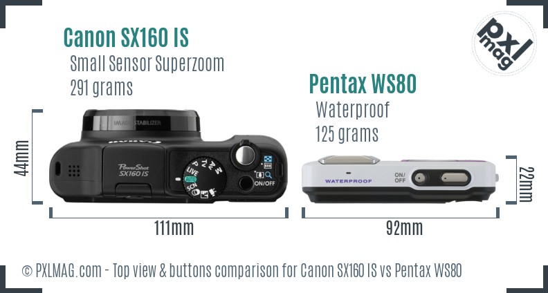 Canon SX160 IS vs Pentax WS80 top view buttons comparison